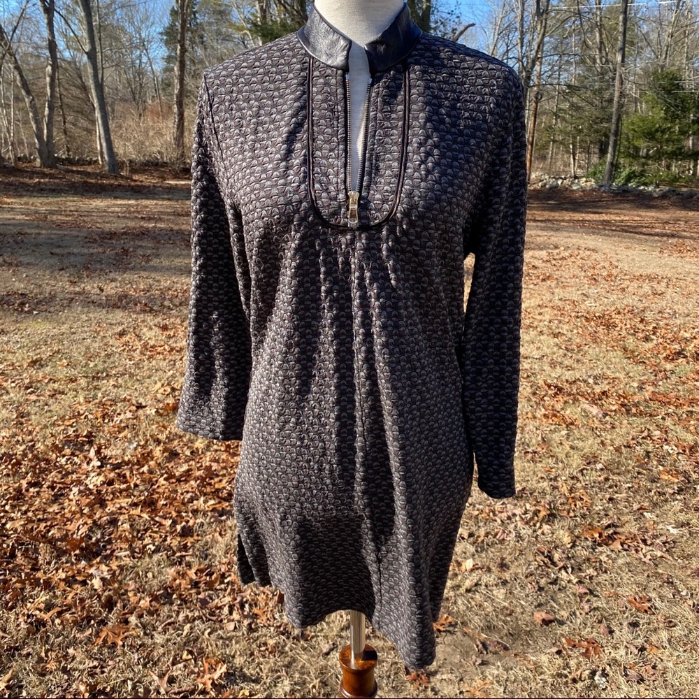 ETCETERA TOP TUNIC GRAY BROWN LEATHER TRIM Size LARGE